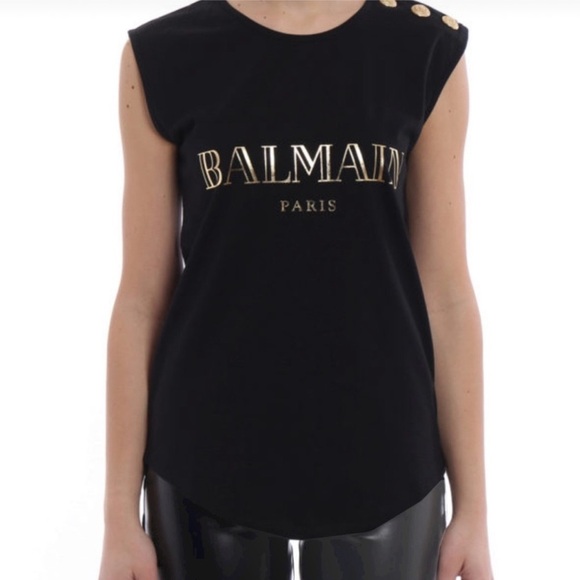 Balmain Tops - BALMAIN Tank Top Black Gold Graphic Print Heavy Gold Hardware Sleeveless Sz 36/4